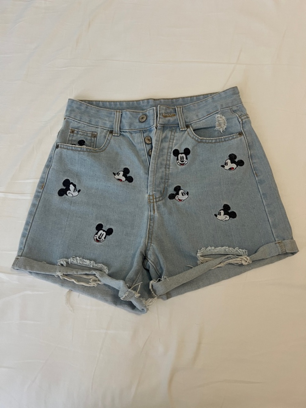 H&M Light Blue Denim Shorts with Mickey Embroidered Motifs